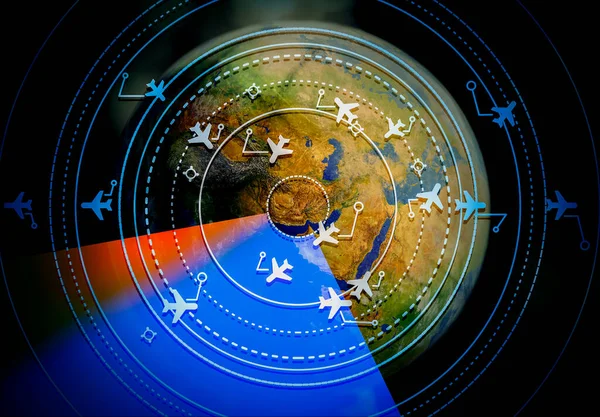 Simulovaná Obrazovka Zobrazující Různé Lety Pro Dopravu Cestující Světem Jako — Stock fotografie