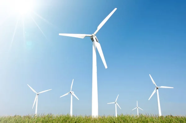 Wind Turbine Gård Och Blå Himmel Bakgrund — Stockfoto