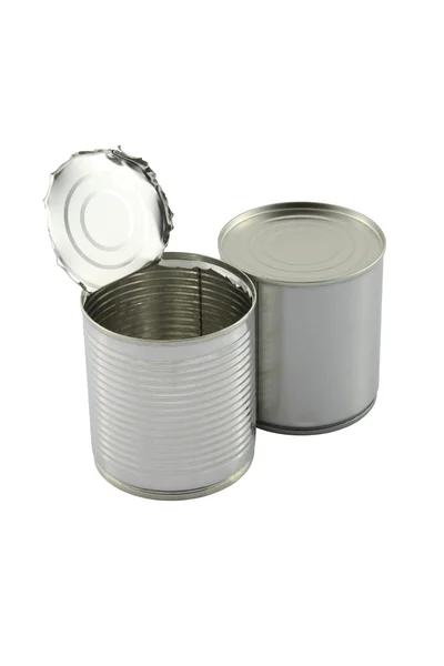 Opened in front of closed tin can on white background. — Stock Photo, Image