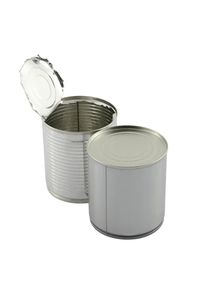 Opened behind closed tin can on white background. — Stock Photo, Image