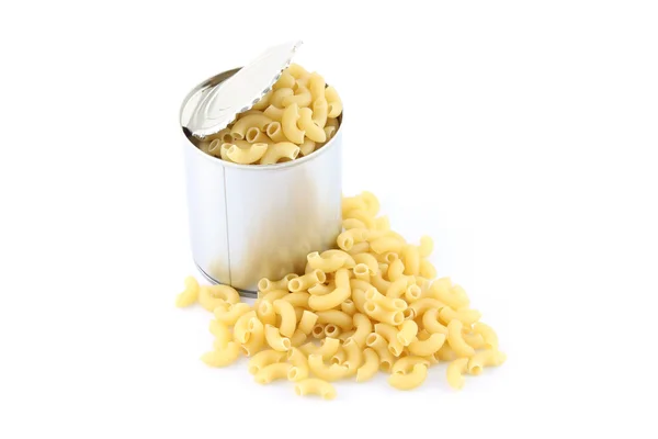 Dry macaroni from tin can on white background. — Stock Photo, Image