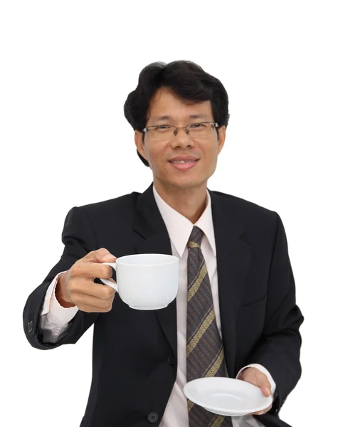 Coffee serving from business man focus at cup on white background. — Stock Photo, Image