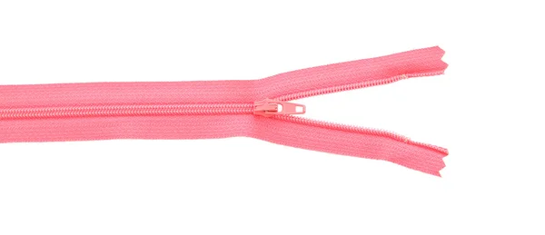 Pink zipper part opened on white background. — Stock Photo, Image