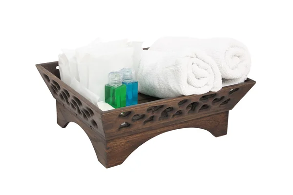 Bath accessory in craft basket on white background. — Stock Photo, Image