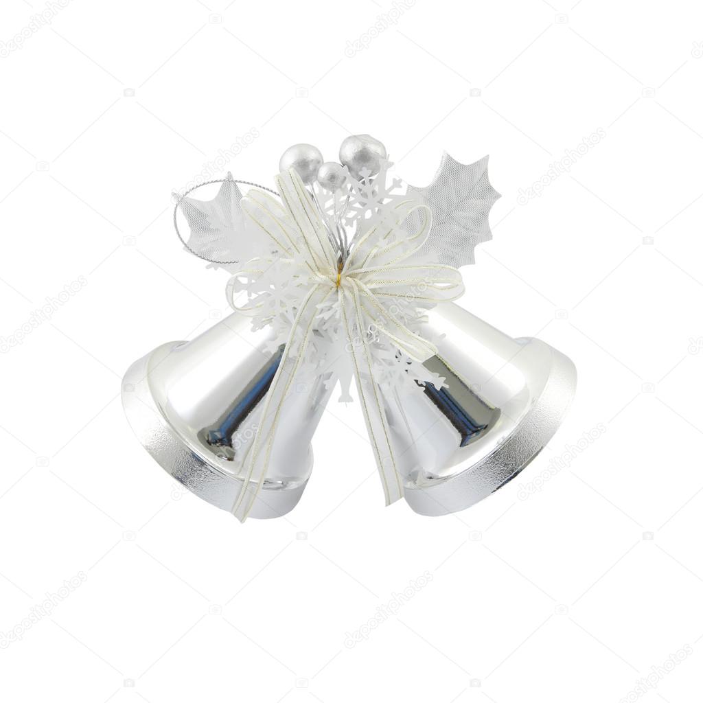 Couple silver Christmas bells on white background.