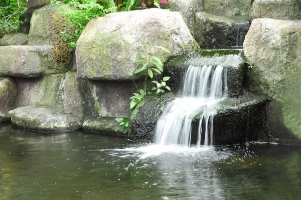 Small waterfall in public tropical garden. — Stock Photo, Image