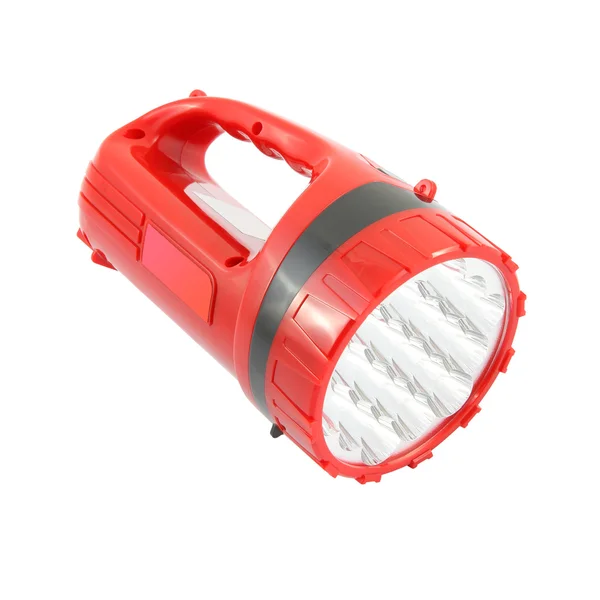 Red plastic pocket handle flashlight on white background. — Stock Photo, Image