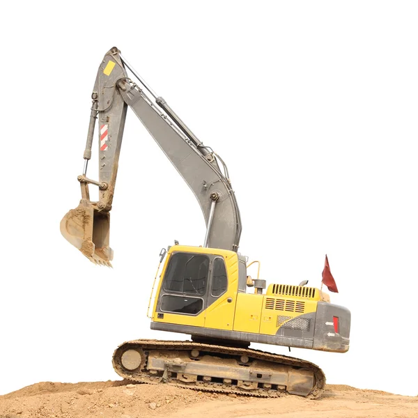 Old dirty yellow backhoe and brown soil ground on white background. — Stock Photo, Image