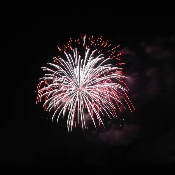 Zwei überlappende Feuerwerke explodieren am Nachthimmel. — Stockfoto