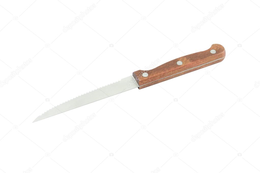 Kitchen knife blade jag from tail on white background.