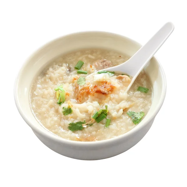 Congee round bowl and spoon on white background. — Stock Photo, Image