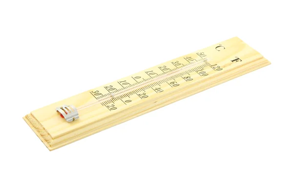 Thermomètre à échelle latérale en bois sur fond blanc . — Photo