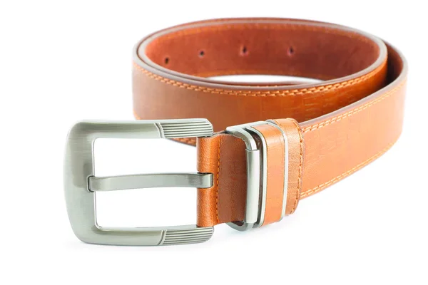 Brown leather belt metal head on white floor. — Stock Photo, Image