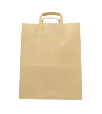 Beyaz zemin üzerinde ön kağıt kahverengi çanta.