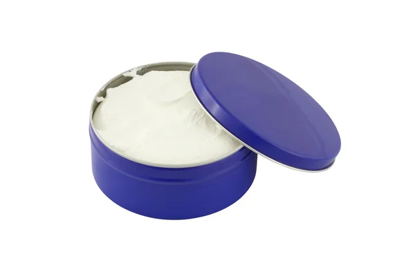 Blue metal round box with cosmetic cream opened on white background. — Stock Photo, Image