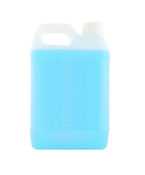 White plastic gallon with blue liquid on white background. — Stock Photo, Image