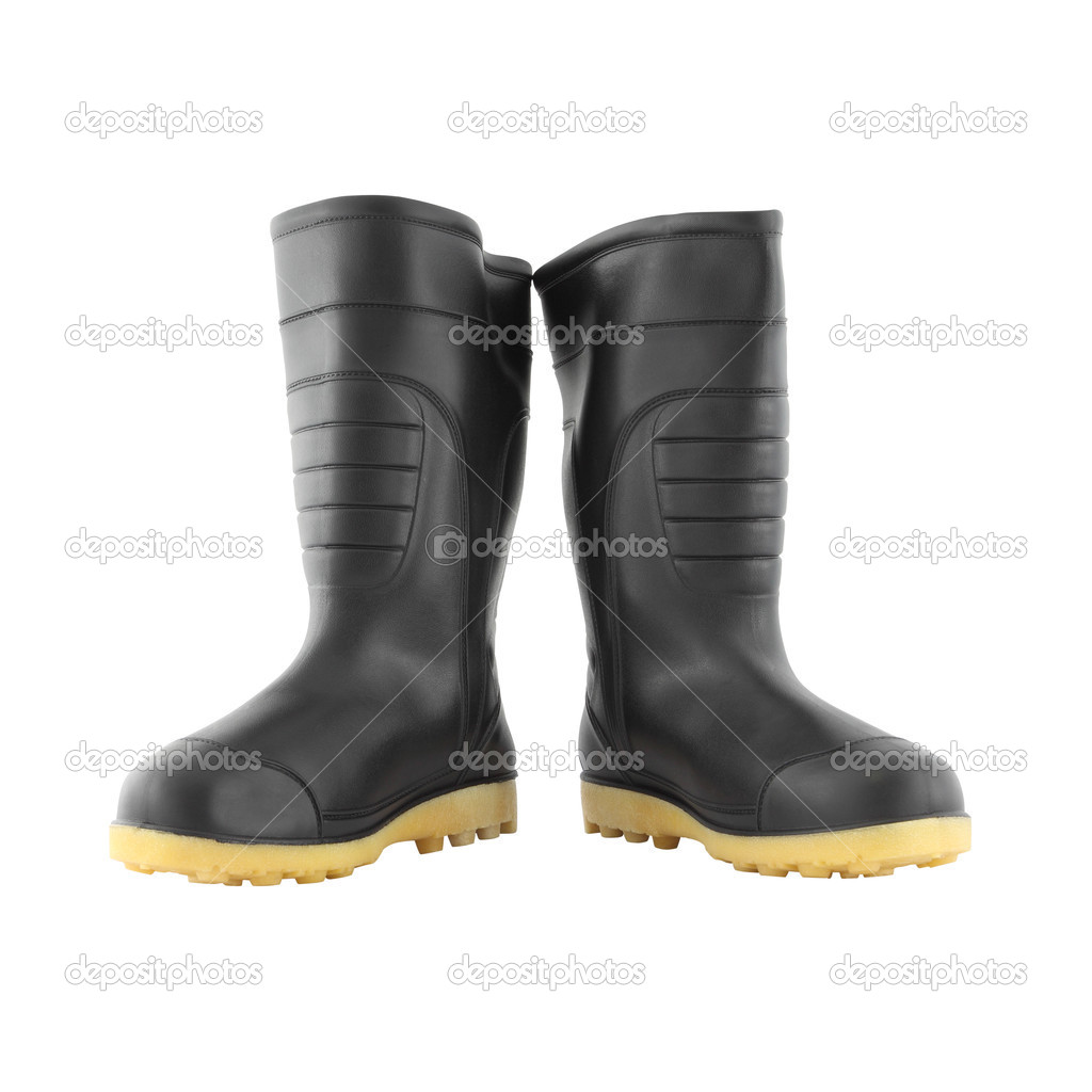 Expanded pair rubber black boot shoes on white background.
