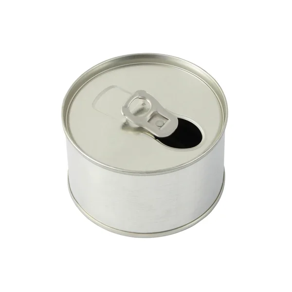 Boite de conserve supérieure avec anneau ouvert sur fond blanc . — Photo