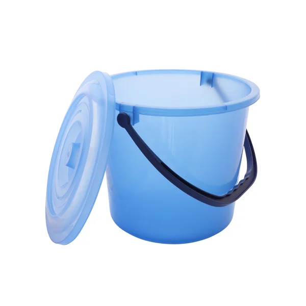 Blue bucket with opened cover on white background. — Stock Photo, Image