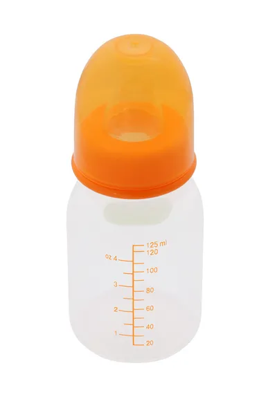 Horní straně dětské mléko láhev s krytem na bílém pozadí. — Stock fotografie