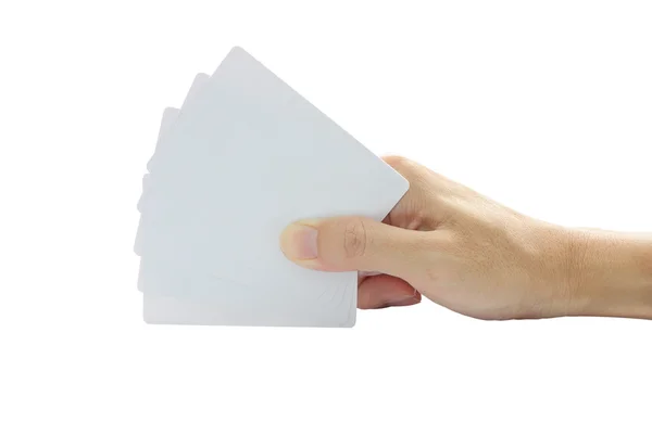 Mano mantenga cinco tarjetas en blanco sobre fondo blanco . — Foto de Stock