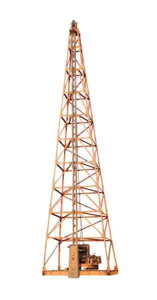 Front of old pile driver on white background.