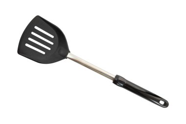 Beyaz arka planda siyah plastik spatula açık.
