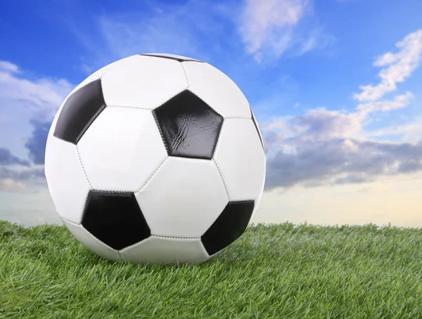 Stitch leather soccer ball on green field blur sky. — Stock Photo, Image
