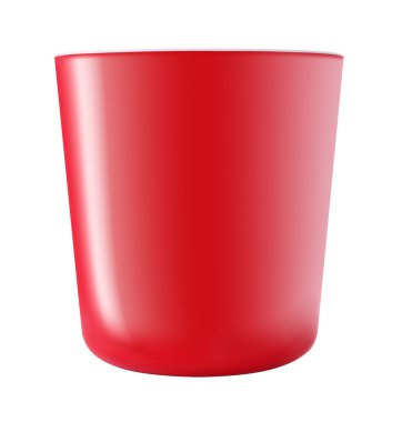 beyaz zemin üzerine kırmızı plastik kova tarafında.