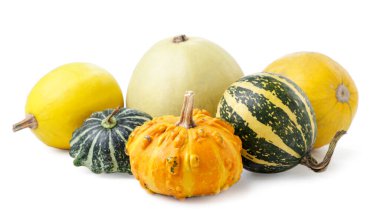 Beyaz arka planda farklı balkabakları var. İzole edilmiş