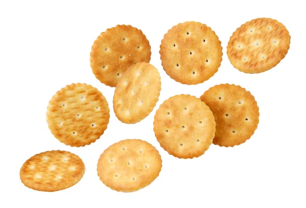 Crackers Padají Zblízka Bílém Pozadí Střih Izolované — Stock fotografie
