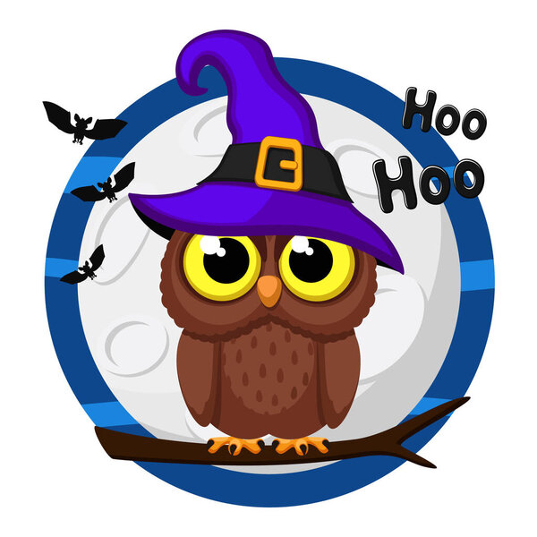 Сова в шляпе сидит на ветке на фоне луны. Персонаж Хэллоуина