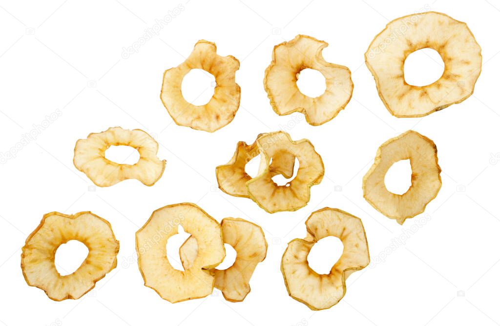 Apple chips are falling close-up on a white background. Isolated