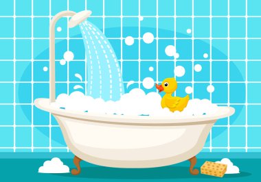 Banyo beyaz köpük ve ördekle dolu. Banyo yapmaya.