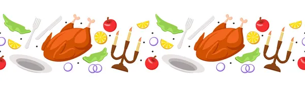 Thanksgiving Muster Mit Gebratenem Truthahn Und Gemüse Auf Weißem Hintergrund — Stockvektor