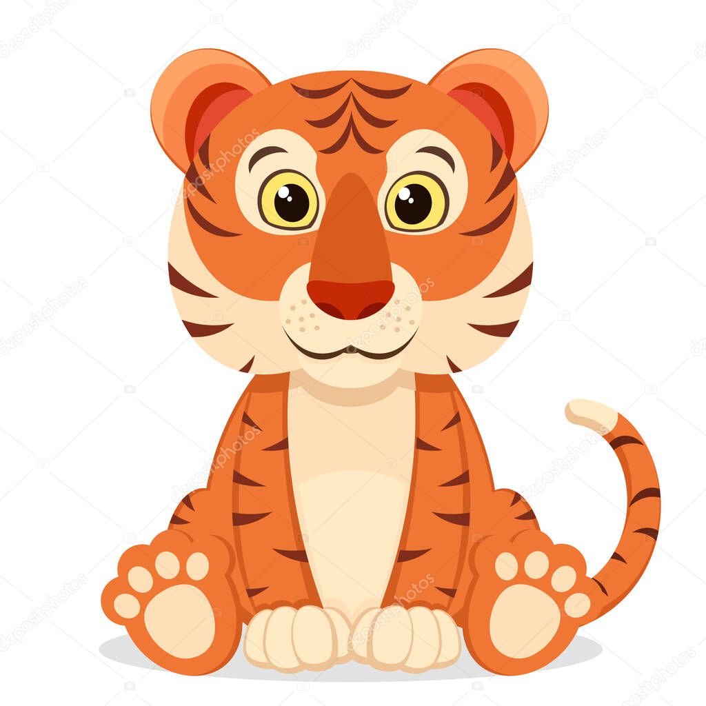 Tiger sits and smiles on a white background. The character