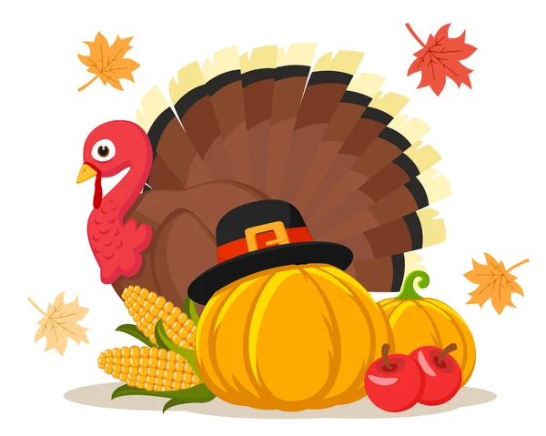 Bird Turkey Harvest Autumn Leaves White Background Character Thanksgiving Day — Stock Vector