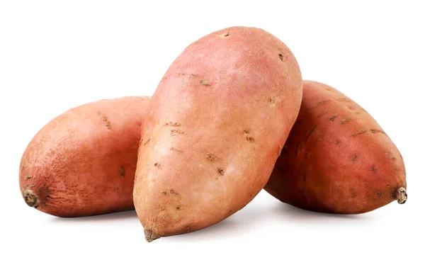 Söt Potatis Hög Närbild Vit Bakgrund Isolerad — Stockfoto