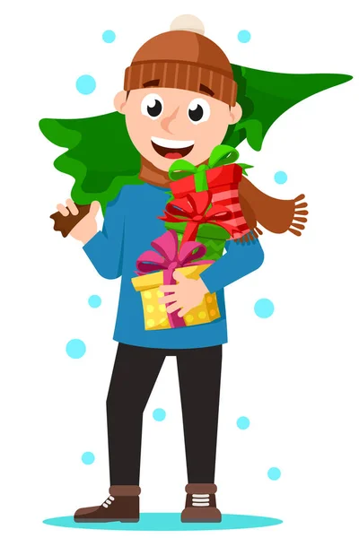 Man Christmas Tree Gifts White Background Christmas Character — Vettoriale Stock