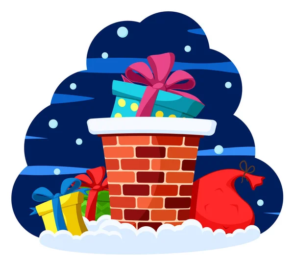 Chimney Gifts Sack Santa Claus Snow Night Merry Christmas — Vettoriale Stock