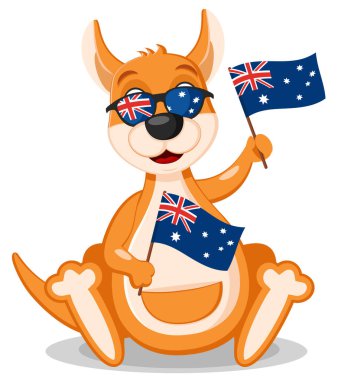 A kangaroo with glasses is holding the australian flag and smiling. Character, Australia Day