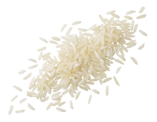 Рис разрезали крупным планом на белом фоне. Изолированный вид сверху