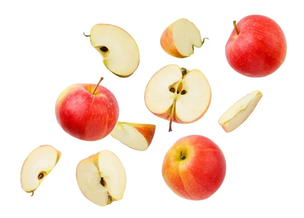 Падаючі Яблука Цілі Шматки Крупним Планом Білому Тлі Вирізані Ізольовані — стокове фото