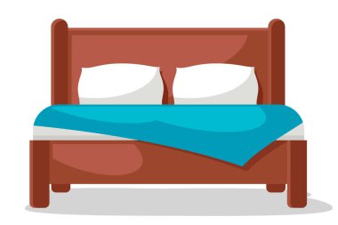 Yorganlı çift kişilik yatak ve beyaz arka planda yastıklar.