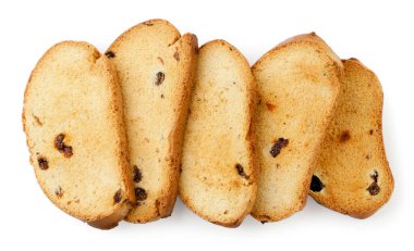 Beyaz arka planda kuru üzümlü kuru ekmek, izole edilmiş. Üst görünüm