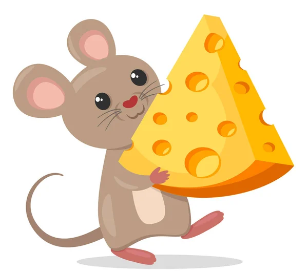 Mouse Holding Piece Cheese White Background Character — Stock Vector