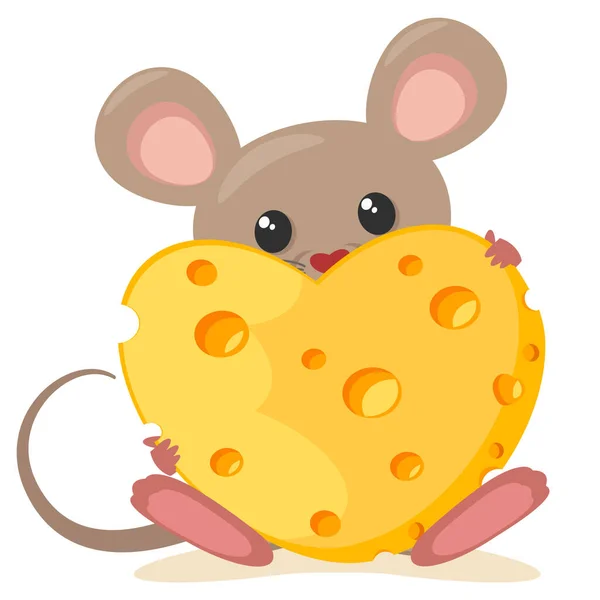 Little Mouse Piece Heart Cheese White Background Valentines Day — Stock Vector