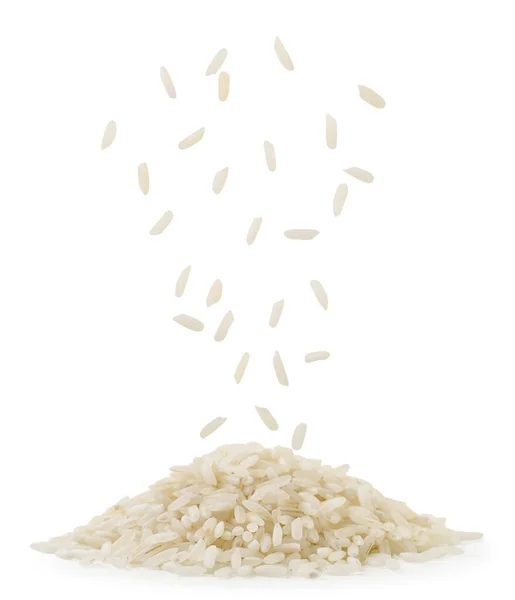 Arroz Caindo Uma Pilha Close Fundo Branco Isolados — Fotografia de Stock