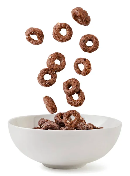 Dry Breakfast Chocolate Rings Falling Plate Close White Background Isolated — Stock Photo, Image