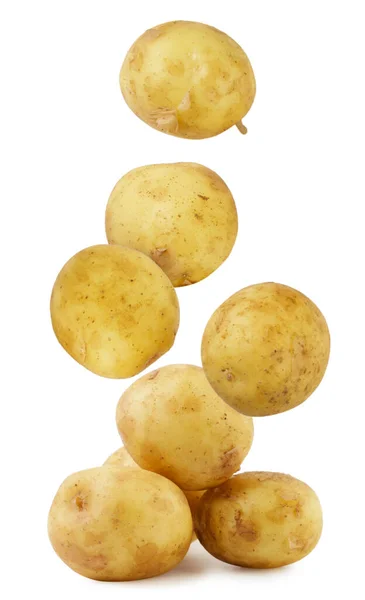 Ung Potatis Faller Hög Närbild Vit Bakgrund Isolerad — Stockfoto